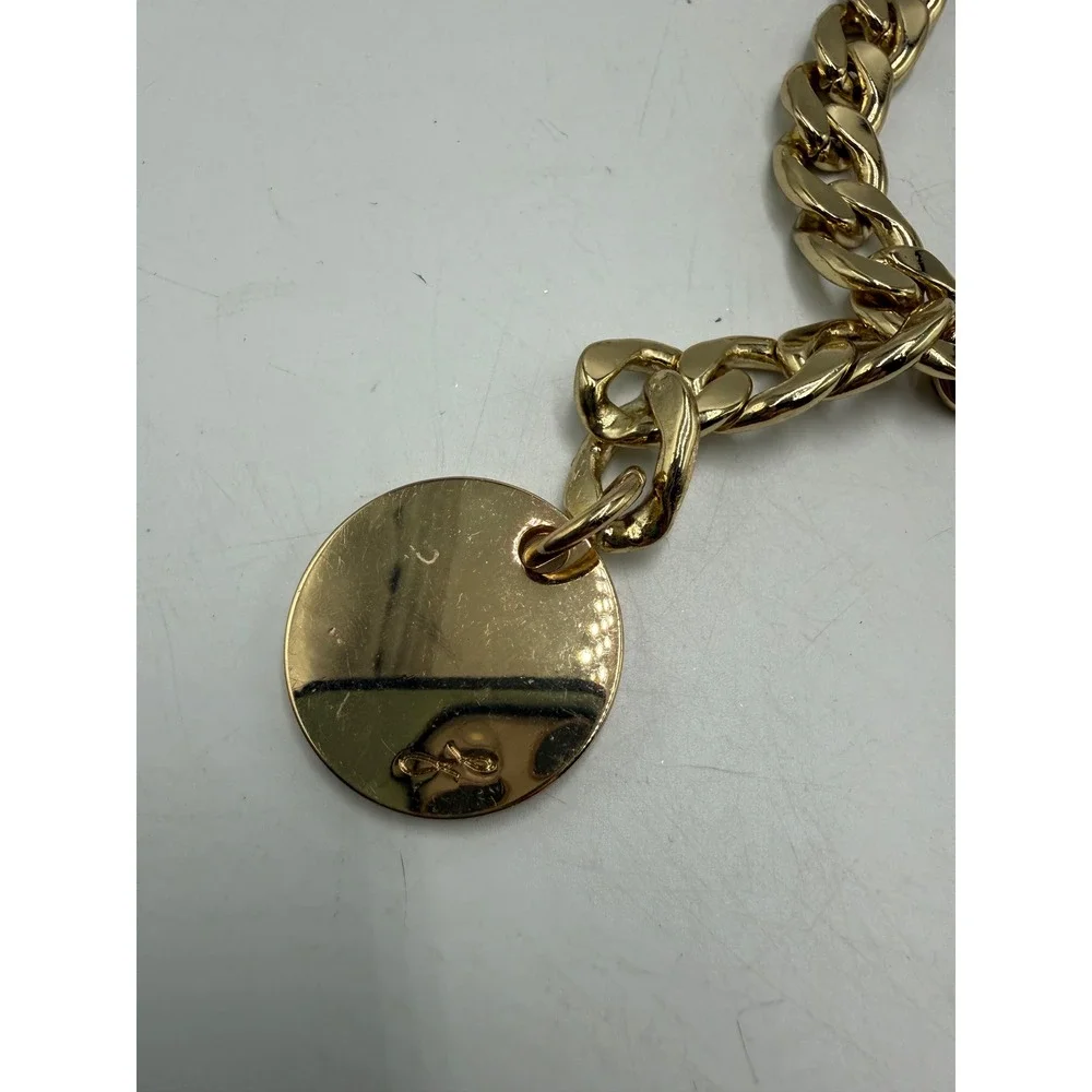 Gold Tone Curb Chain Belt with Logo Charm Adjustable Hook Closure 44 Inch